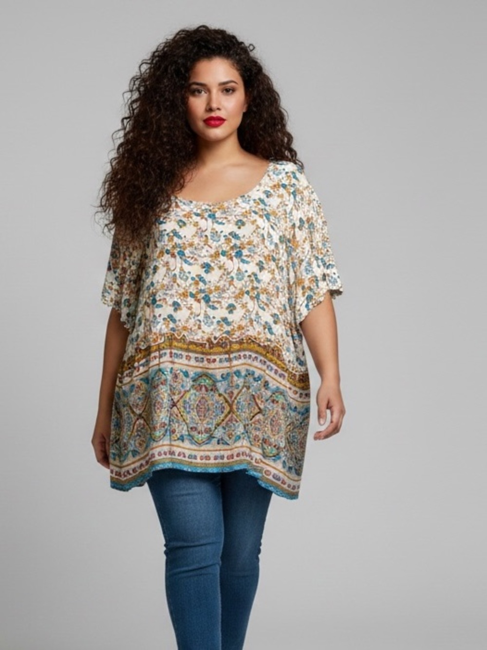 Lishly Curve Boho Mixed Print Floral Paisley Tunic Top Size 4XL